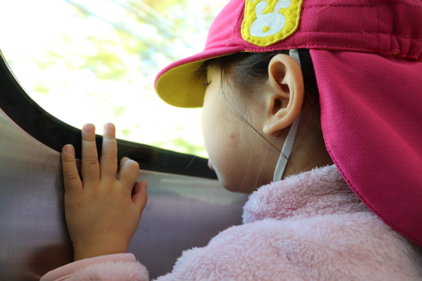 2歳児さんが電車に乗って公園まで行きました。<br />
初めての電車に朝からワクワクが止まりません！<br />
駅までの道のりもいつもと同じなのに軽快な足取りでどんどん歩きます♪<br />
駅のホームでは先生のお話をよく聞いてホームでの待ち方や電車の乗り方を、2歳児さんなりに分かろうとしていました。<br />
電車内では流れるような景色を眺めて揺れる感覚にバランスを取りながら楽しんで乗っていると、あっという間に到着駅に着きました。<br />
公園では遊具で遊んだり、自然物で大きさを比べたり、見つけた嬉しさを味わったりしてきました。<br />
特別におせんべいのおやつも食べて、帰りも電車に乗って意気揚々と帰ってきました。