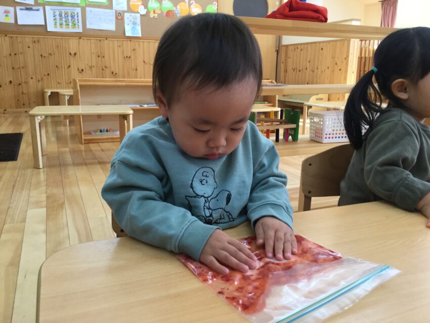 栄養士さんが1歳児さんのクラスにイチゴを持ってきてくれました。
小さな手で袋に入ったイチゴを「ぎゅっぎゅ」と潰してからミキサーに入れます。