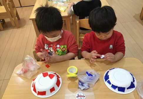 3歳児クラスうさぎ組　「鬼のお面作ったよ！」