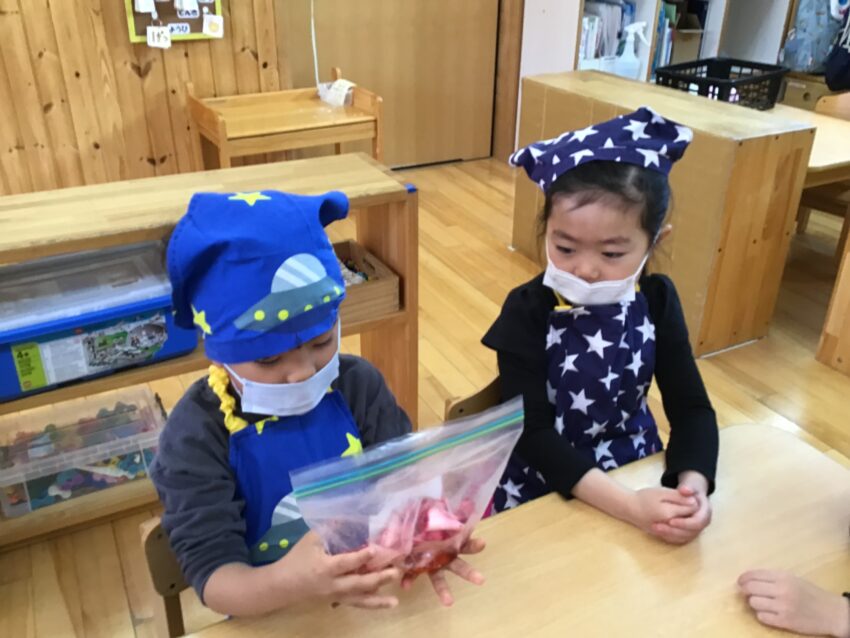 切ったカブをジップロックに入れて少しもんだ後に瓶へ移し替えます。
漬け込まれるまでしばらく待ちます。
3月3日のひな祭りの日には美味しいカブの漬物が出来上がりそうです。
「早く食べたいな~」と待ち遠しい様子の子どもたちでした😋