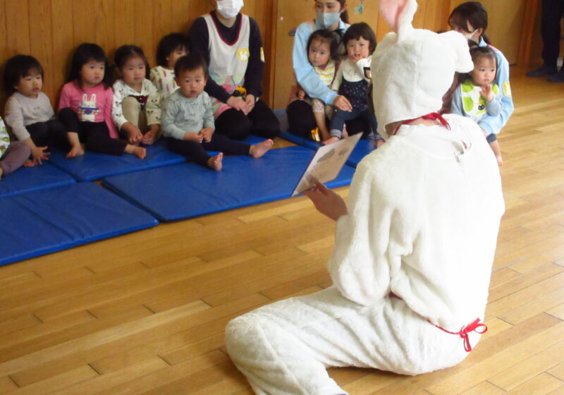 みんなウサギの先生にちょっと警戒しています。