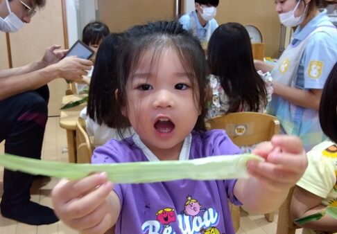 ２歳児　ぱんだ組　とうもろこしの皮むき🌽