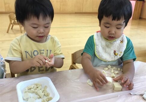 １歳児　「高野豆腐で感触遊びをしたよ♪」