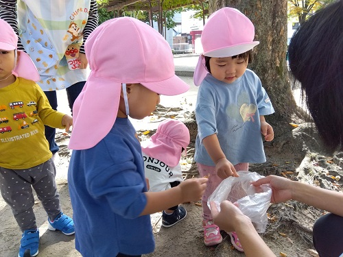 公園に行って、落ち葉拾いをしました🍁
一緒に「きいろ」「あか」など、色を確認しながら拾っていきました🤭