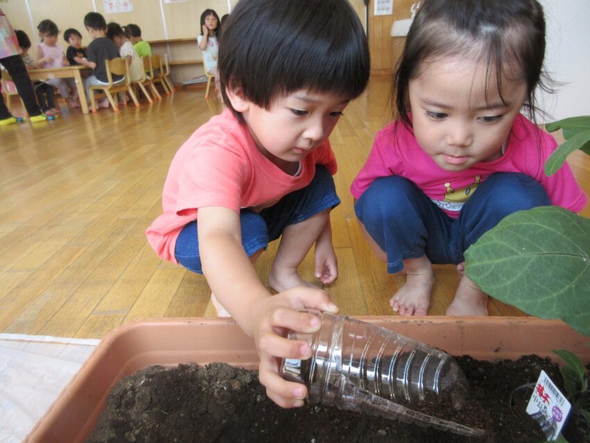 今度は土をかけてあげます！
「ナスさん、今お布団かけてあげるからね～」