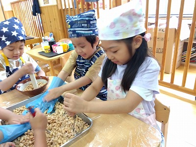 初めに大豆の固さを知ってから、柔らかく茹でた大豆を手やマッシャーで潰します。
味噌が出来るまではこんな課程もあるんだ。という事を子どもたちは体験から実感していきます。
大豆を潰していると「ツナみたいだね」と他の食べ物に例えていたり、米麴が出てきくると匂いを嗅いで「いい匂い」や「醤油みたいな匂いだね」と新たな発見もあったようです。