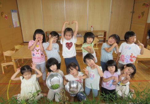 ☆４歳児　食育：枝豆の収穫と皮むき☆