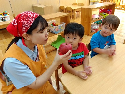 今日は栄養士さんが赤いリンゴを持ってきてくれたの。