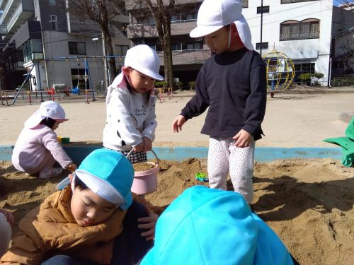 重たくて持ち上がらない友だちがいると、「ぼくがやるよ！」と代わって持ってあげる優しい姿もあり、心の育ちを感じるひとときでした🍀
少しずつ「ひとりで」から「いっしょに」へ😊
共同で遊ぶ姿が増えてきたことを、とても嬉しく感じています✨