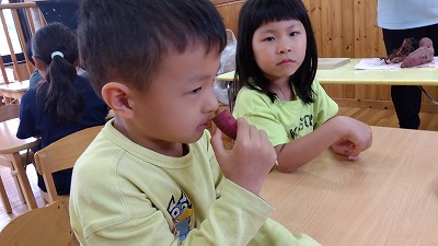 匂いを確かめて、硬さや色を良く見てから、遠足に行った場面も思いだして、絵を描くお友だちもいました。