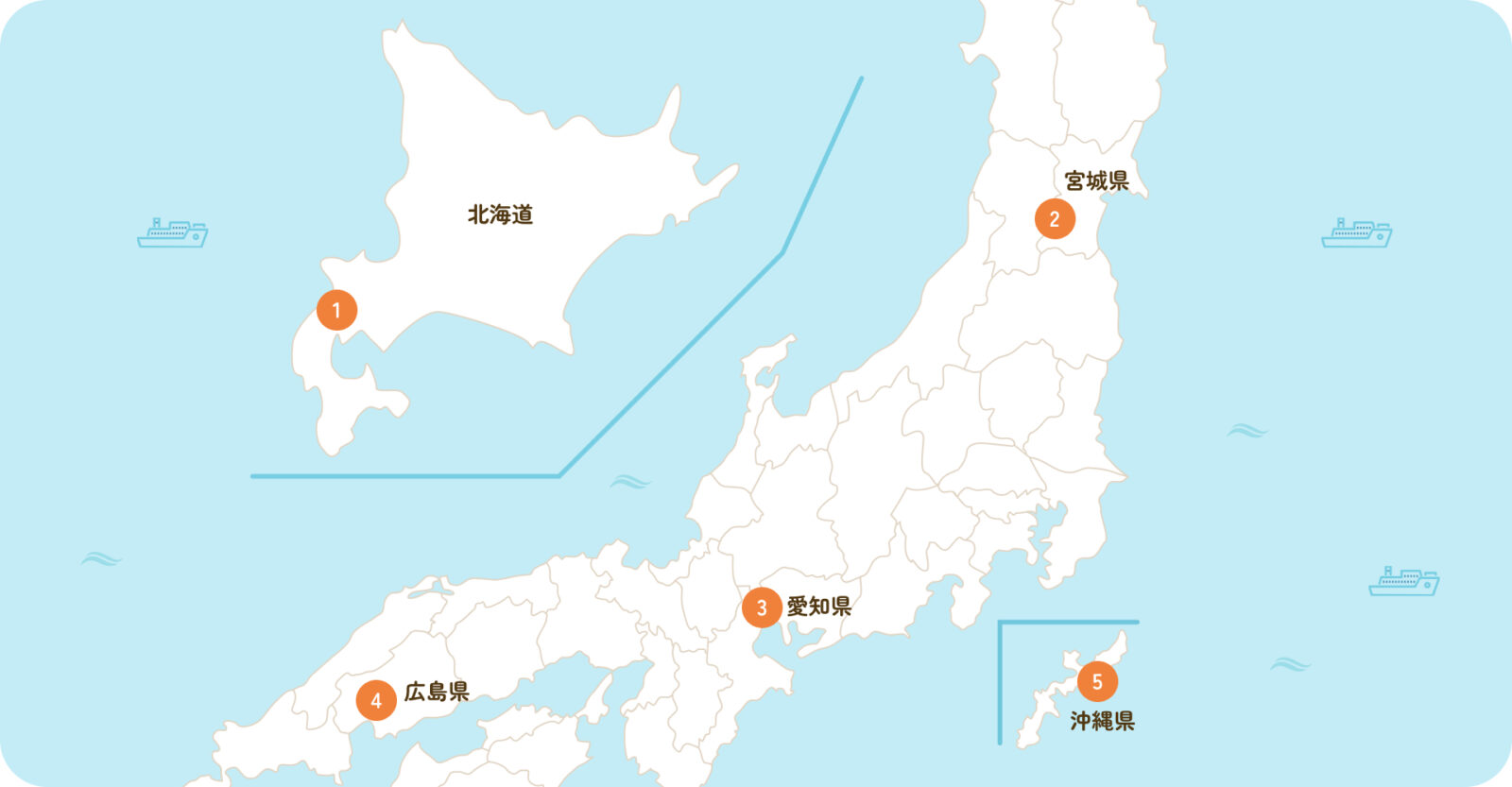 北海道・宮城県・愛知県・広島県・沖縄県